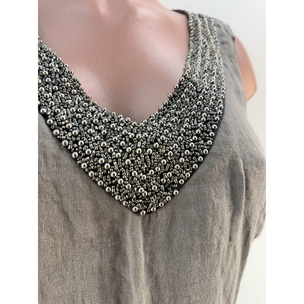 Lina Tomei Italy 100% Linen  Women Dress L Gray Beaded Sleeveless Shift V Neck